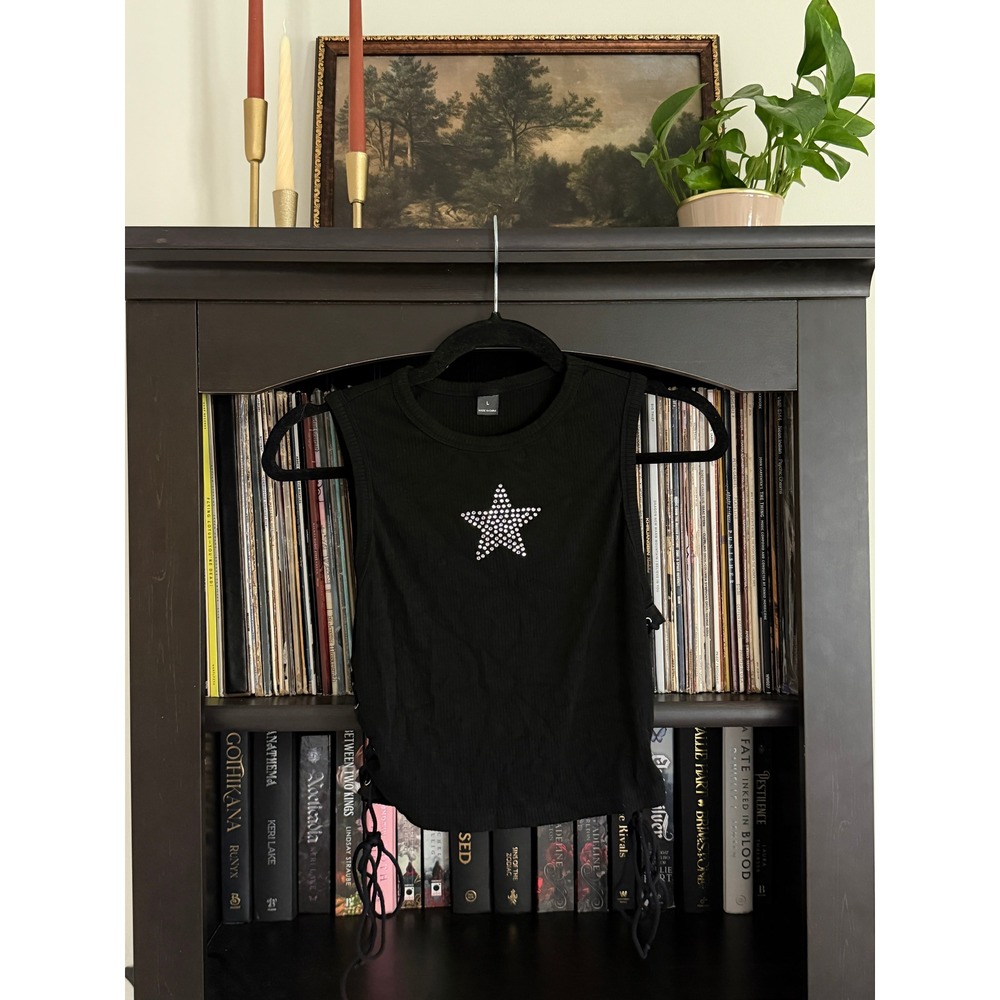 Rhinestone Star Ribbed Tank Top L Punk Alt Black Lace Up Side Y2K Grunge
